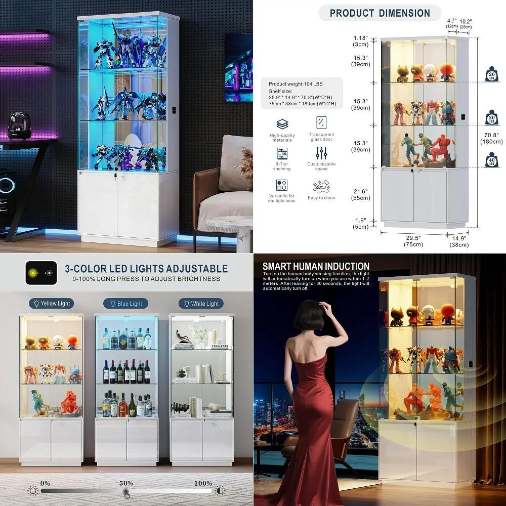 71 Display Cabinet with Glass Doorsamp3 Color LightsampLockable for Bedroom White,High Gloss Curio Cabinet with Adjustable Glas