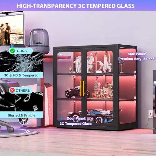 Display Cabinet with Glass Doors and RGB Lights for Collectibles | 34" Curio Cabinet with 2 Adjustable Shelves