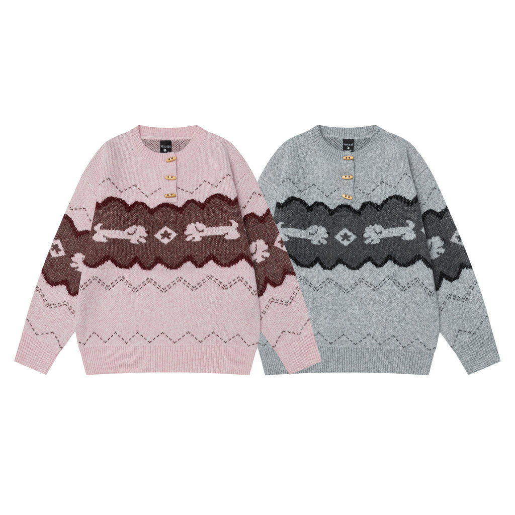 Color blocked sausage dog jacquard sweater