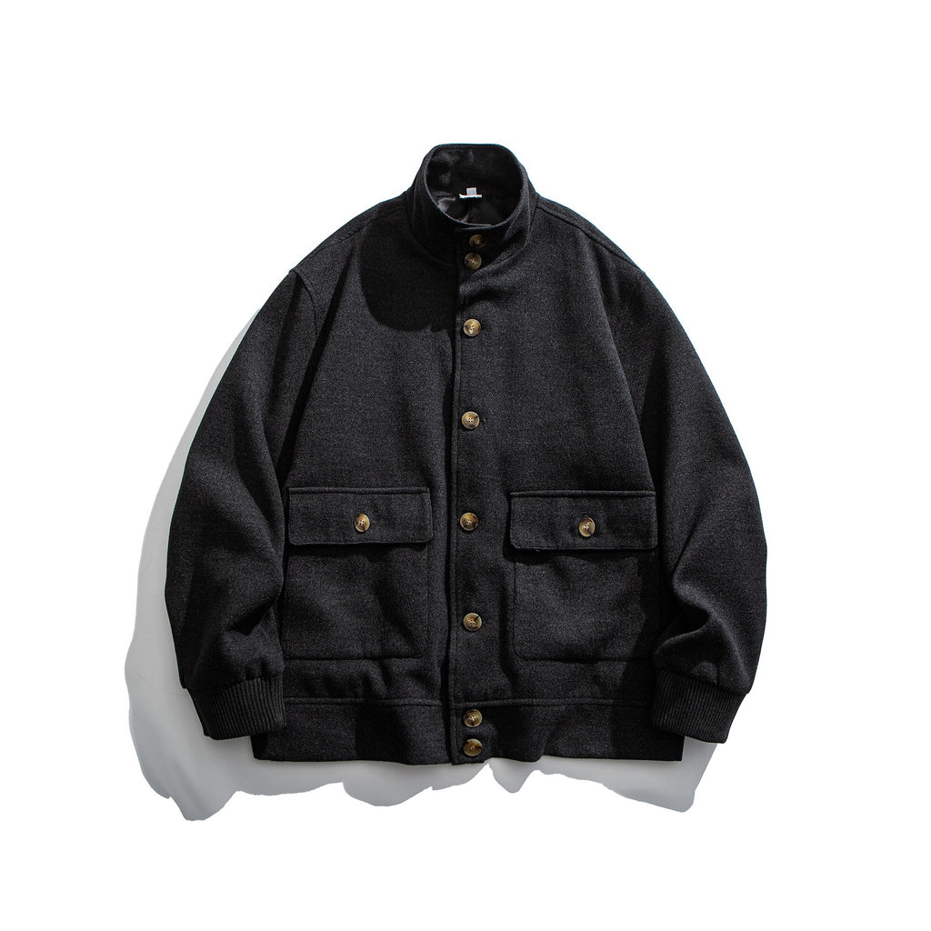 Buttoned Double Pocket Loose Stand Collar Jacket Coat