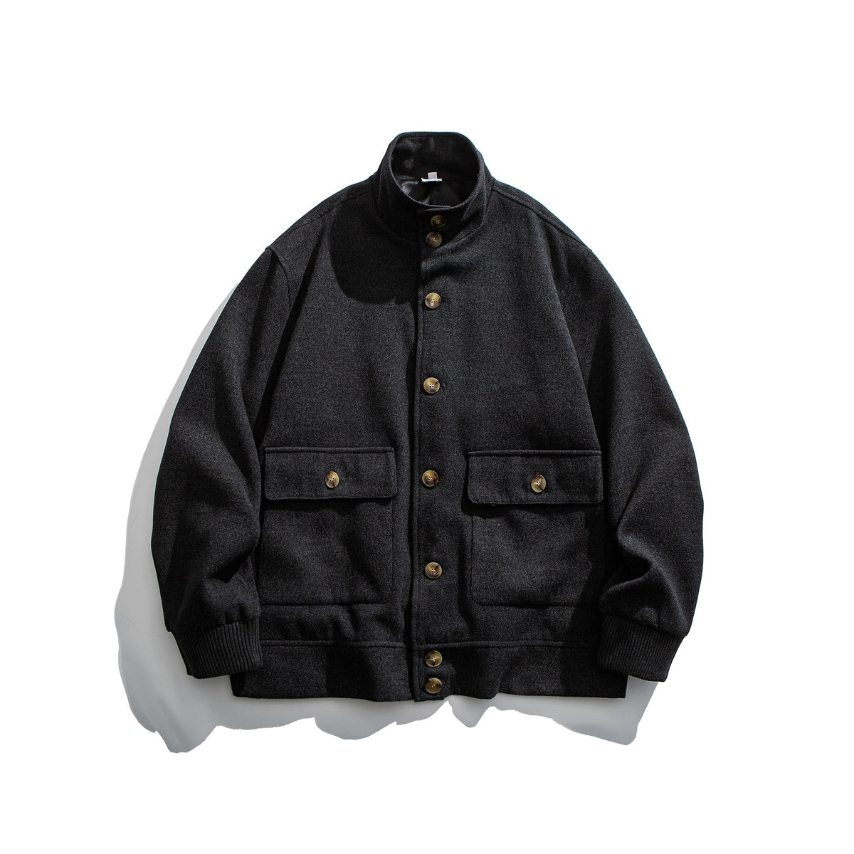Buttoned Double Pocket Loose Stand Collar Jacket Coat