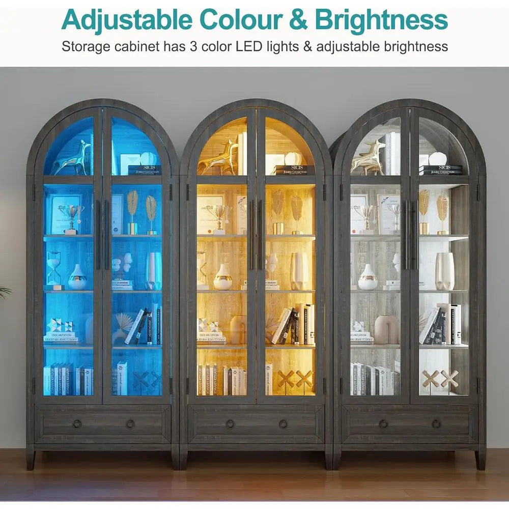 73 Arched Glass Display Cabinet with 4-Tier, Human Body Sensor, LED Lights for Collectibles, Adjustable Shelves, Brown
