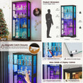 Lighted Corner Display Curio Cabinet Wooden Curved Shelving Unit with Tempered Glass Door, Bar and Liquor Storage Area with 6 S