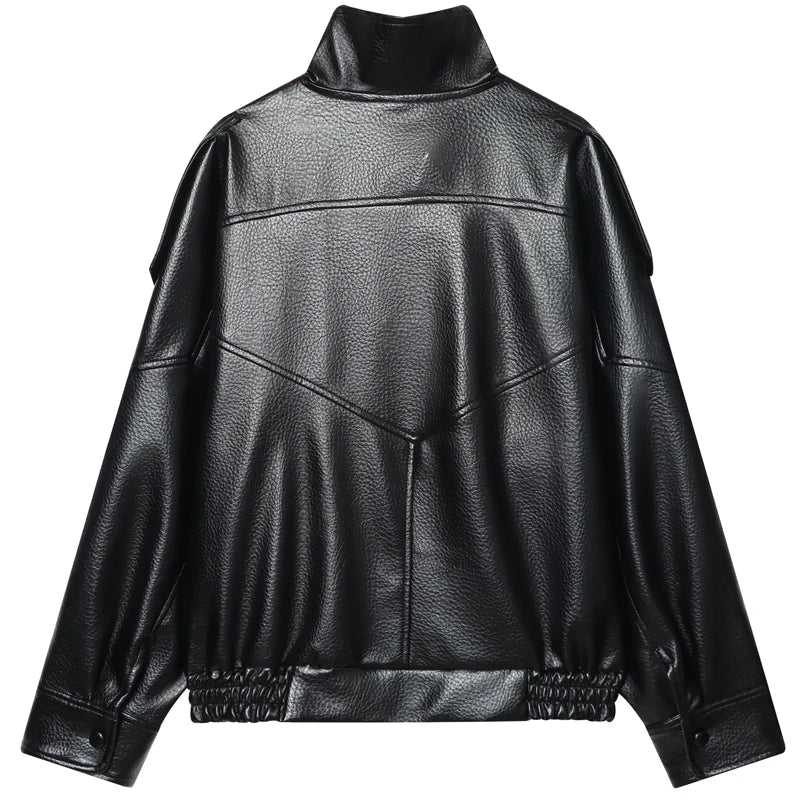 HXAO Faux Leather Black Jackets For Woman New Arrival Cropped Oversize Bomber Jacket Zip-Up Long Sleeve Coats Motorcycle Jackets