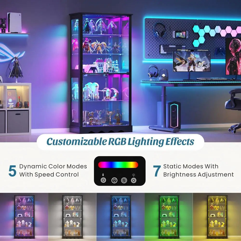 Display Cabinet with Glass Doors, 6Tier 71 Tall Curio Cabinet with RGB Lights for Collectibles, Display Case with Adjustable Gl