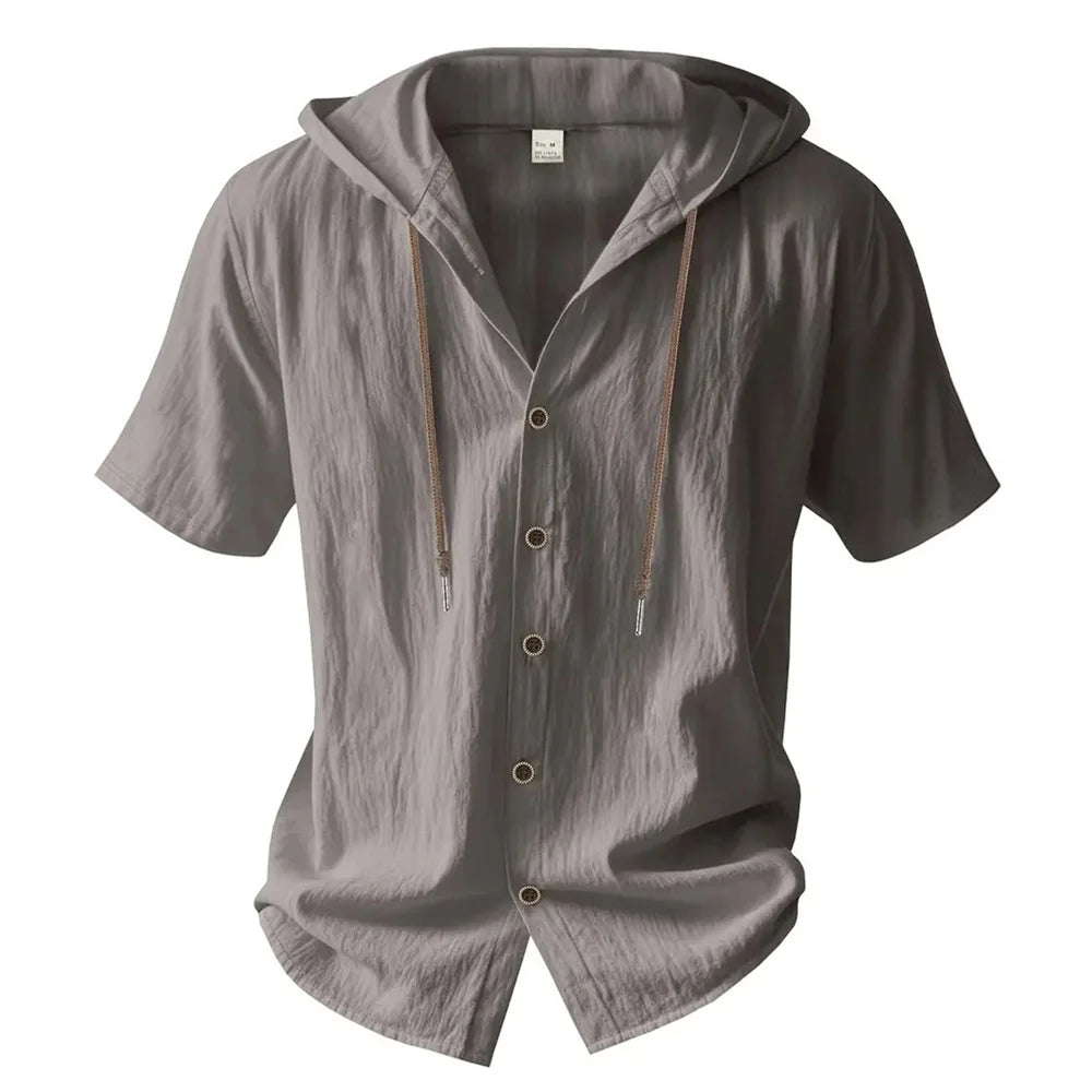 Cotton Linen Shirt for Men Hooded Short Sleeve Solid Color Breathable Lightweight Drawstring Design Shirts Casual Basic Tees
