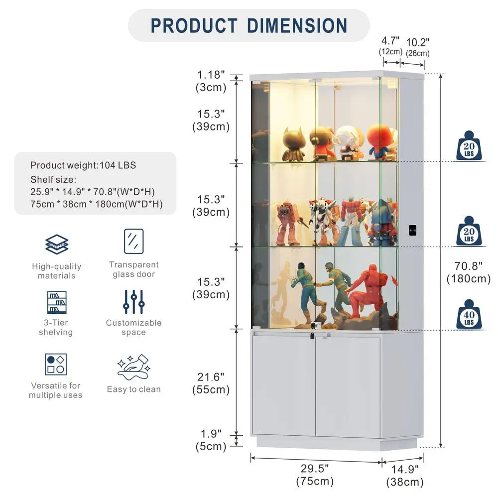 71 Display Cabinet with Glass Doorsamp3 Color LightsampLockable for Bedroom White,High Gloss Curio Cabinet with Adjustable Glas