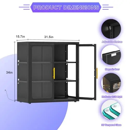 Display Cabinet with Glass Doors and RGB Lights for Collectibles | 34" Curio Cabinet with 2 Adjustable Shelves