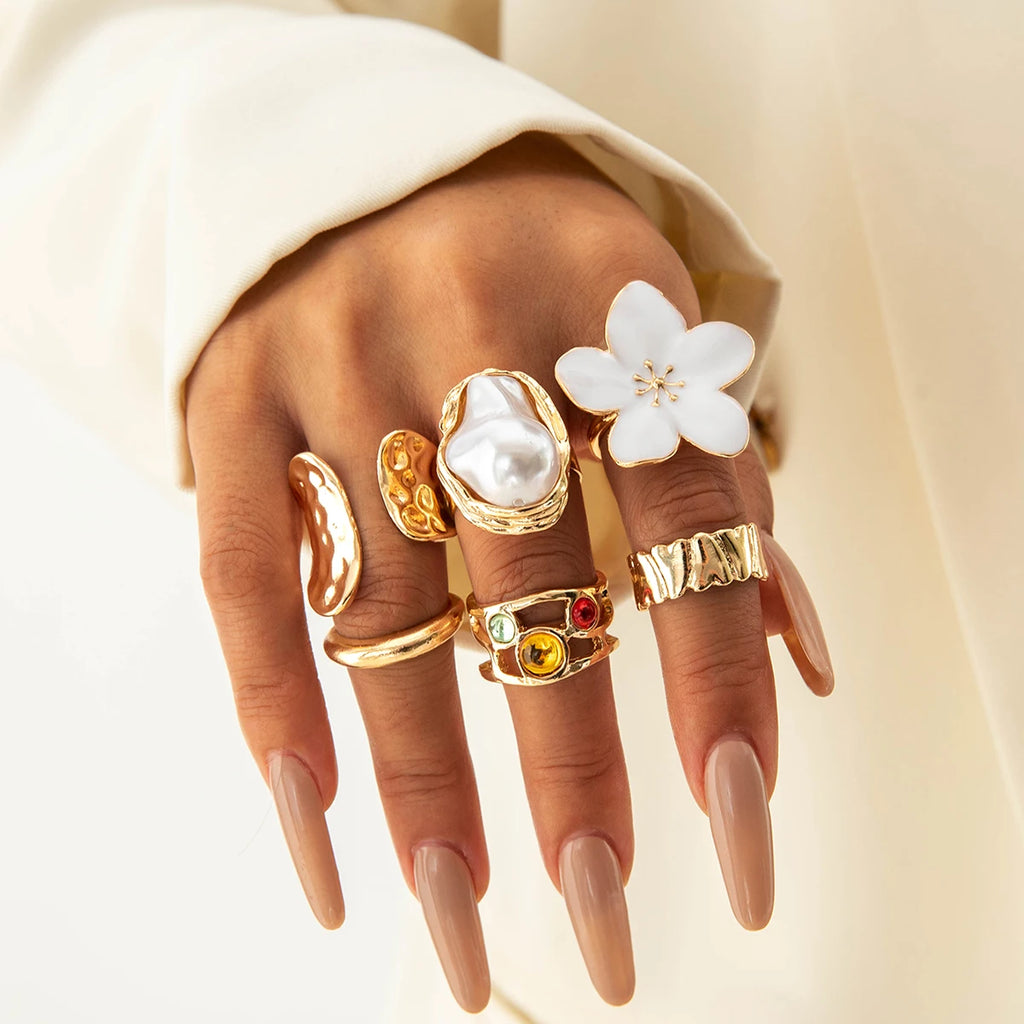 Tocona 2024 New Fashion Luxury Imitation Pearl Open Ring Sets for Women Elegant Gold Color Ring Party Jewelry Accessories
