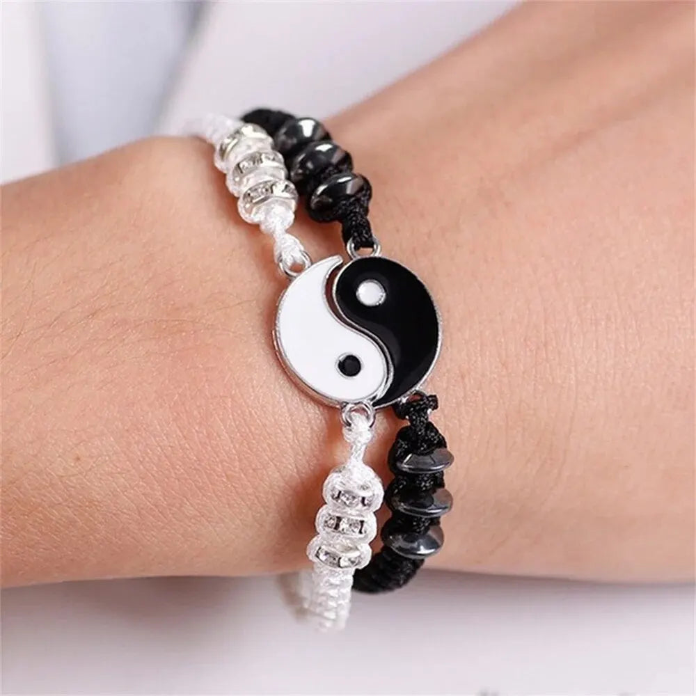 2 PC Jewelry Set Couple Black White Tai Chi Bracelet Rope Adjustable Chain Set Simple Style Daily Wear Jewelry