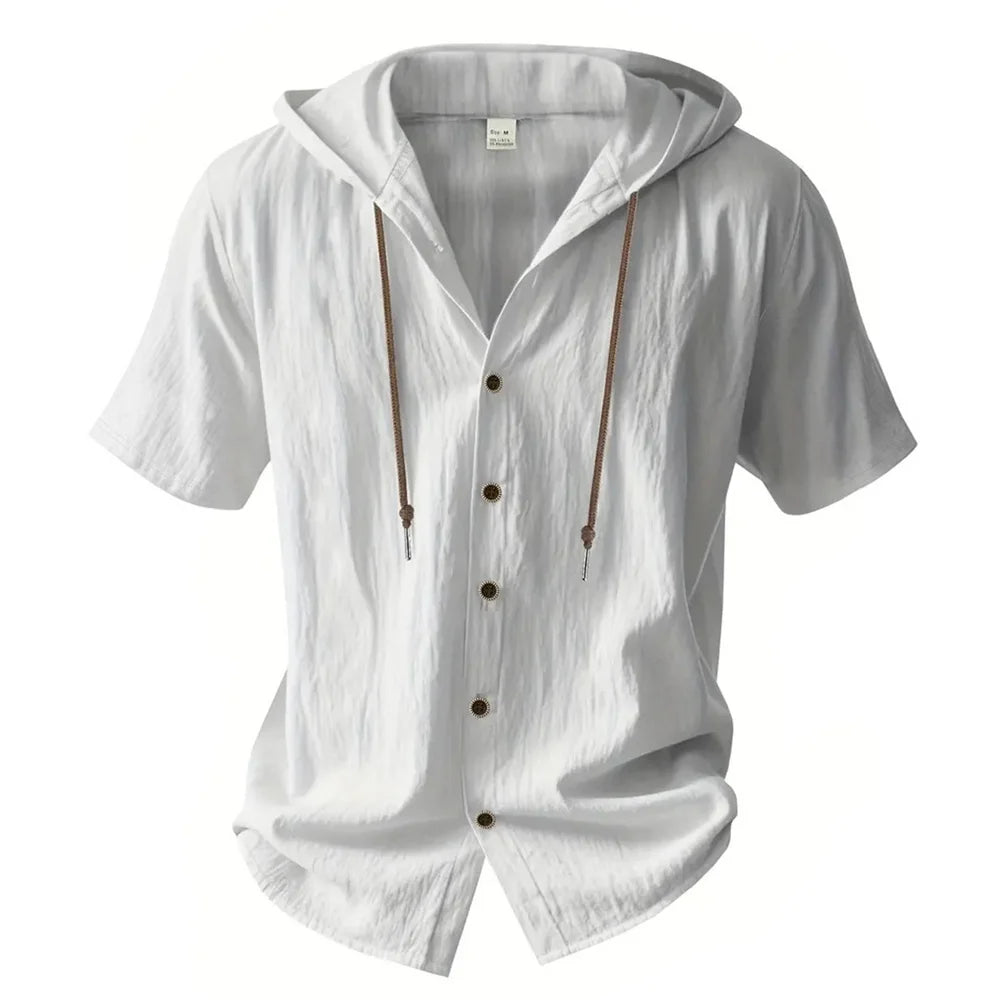 Cotton Linen Shirt for Men Hooded Short Sleeve Solid Color Breathable Lightweight Drawstring Design Shirts Casual Basic Tees