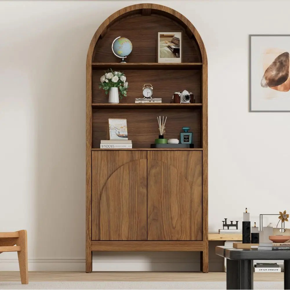 Century Arched Display Cabinet with Doors, 5 Tier Tall Display Case, 71 Inch Storage Cabinet, Large Arch Bookcase, Wooden 5 She