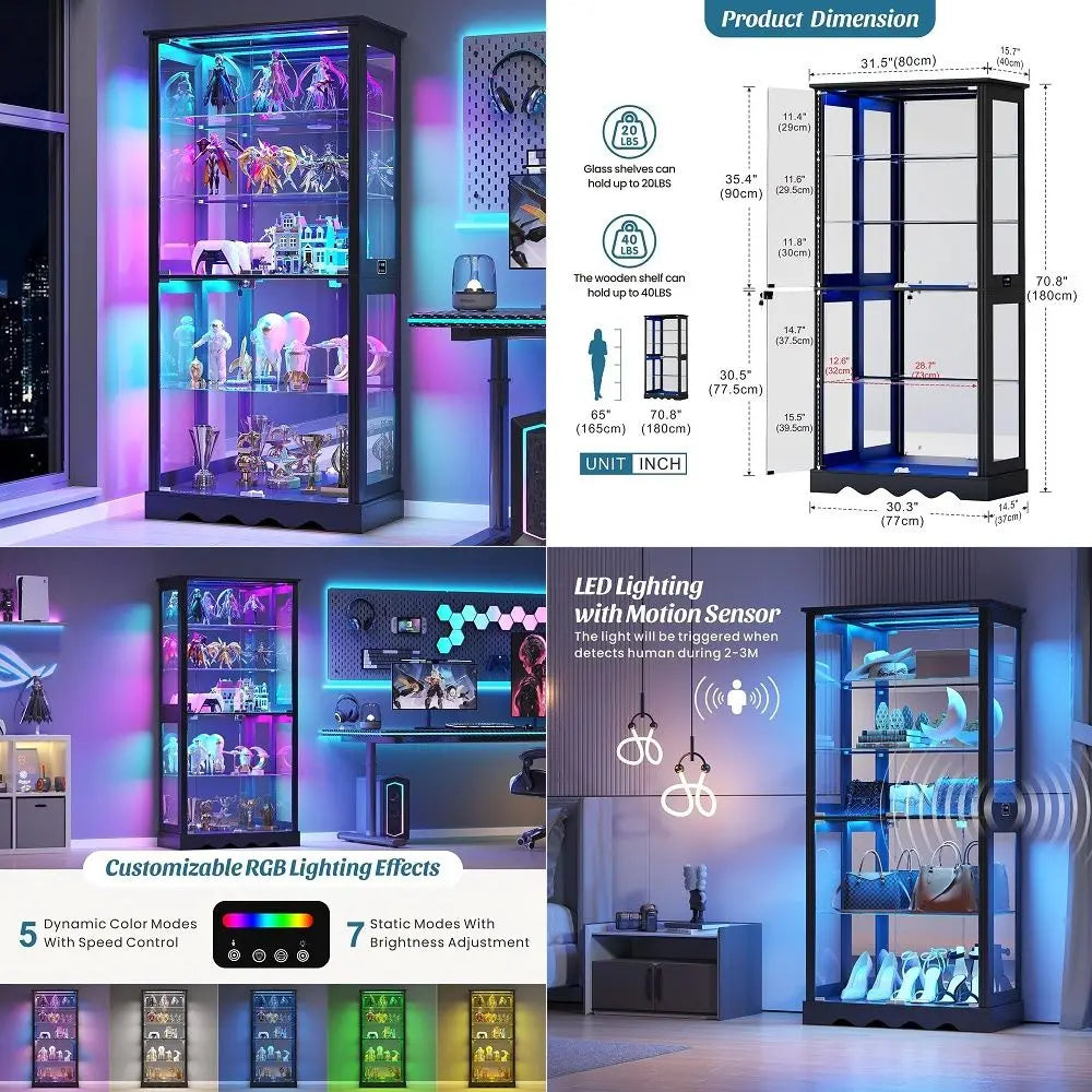Display Cabinet with Glass Doors, 6Tier 71 Tall Curio Cabinet with RGB Lights for Collectibles, Display Case with Adjustable Gl