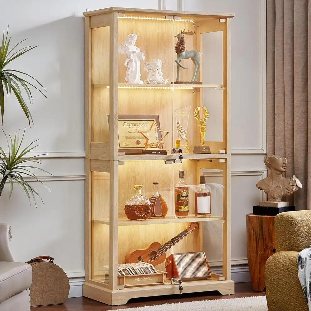 Farmhouse Glass Display Cabinet with Doors, Wooden Curio Cabinet for Collectibles with 3Color LED MotionSensor Light amp Reinfo