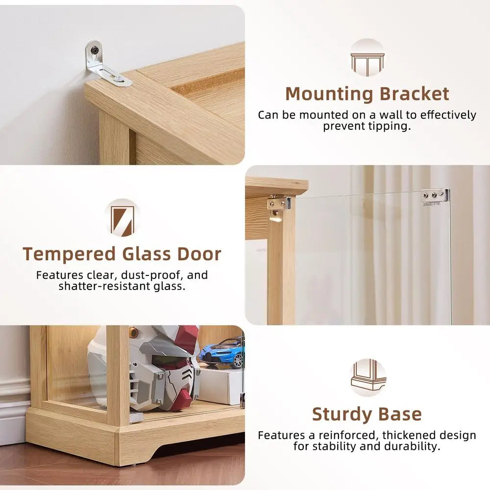 Farmhouse Glass Display Cabinet with Doors, Wooden Curio Cabinet for Collectibles with 3Color LED MotionSensor Light amp Reinfo