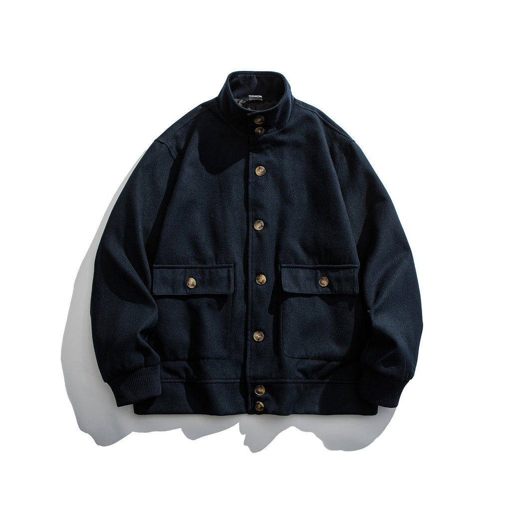 Buttoned Double Pocket Loose Stand Collar Jacket Coat