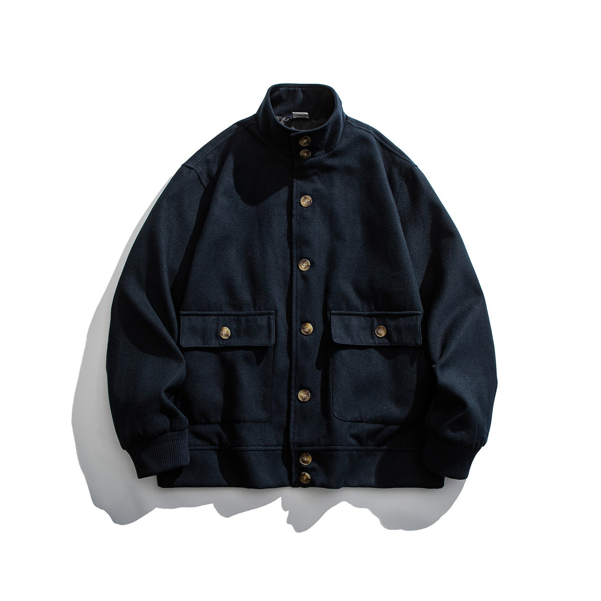 Buttoned Double Pocket Loose Stand Collar Jacket Coat