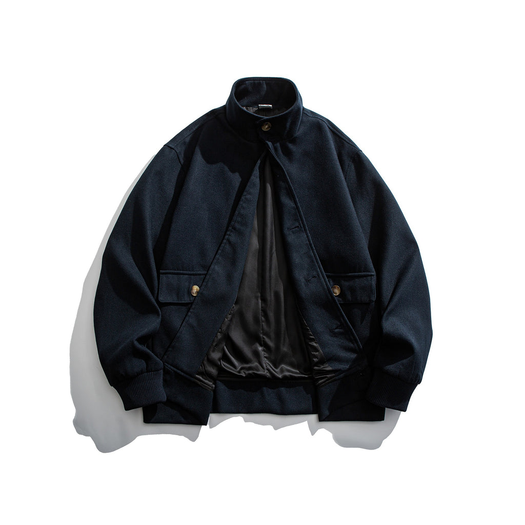 Buttoned Double Pocket Loose Stand Collar Jacket Coat