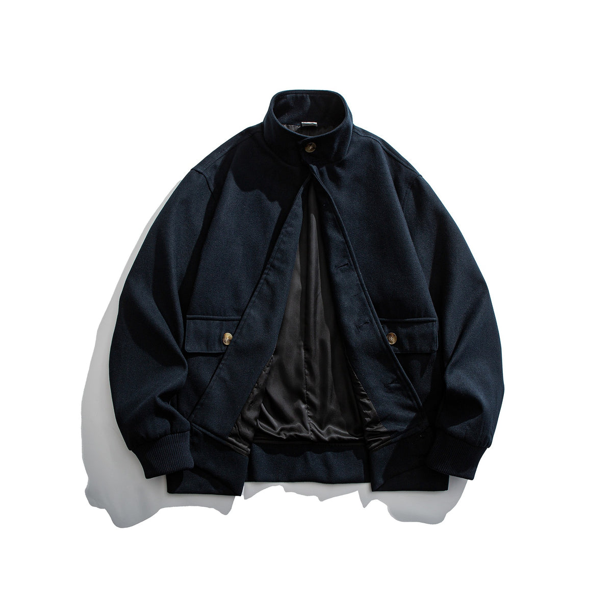Buttoned Double Pocket Loose Stand Collar Jacket Coat