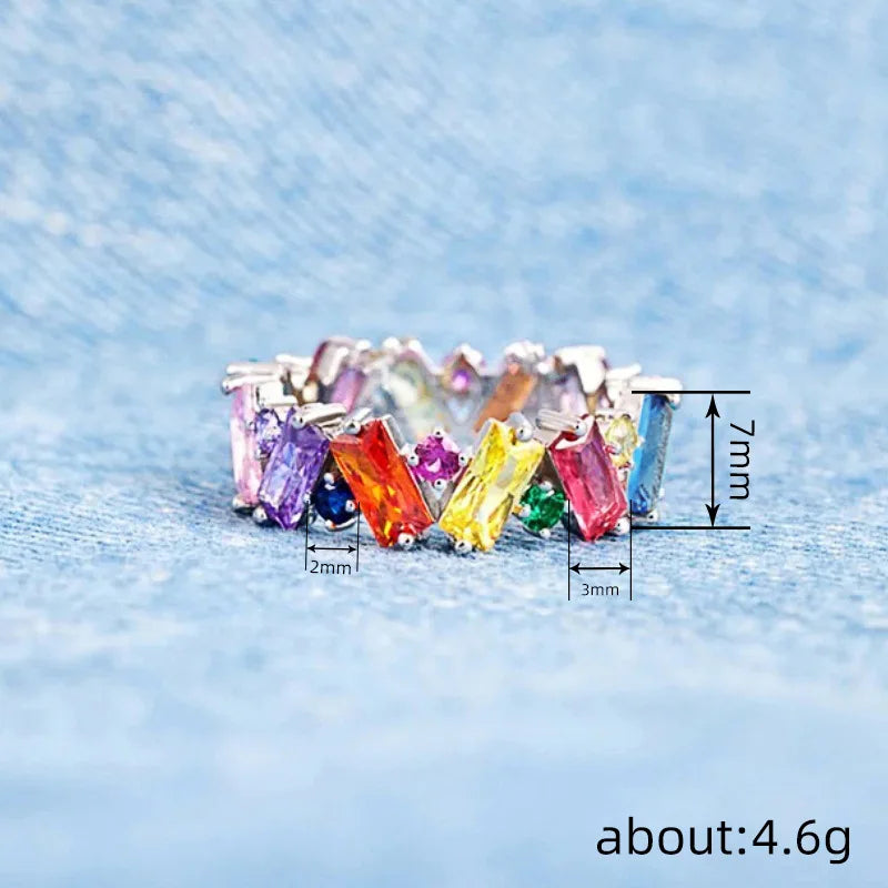 Huitan Bright Rainbow Cubic Zirconia Ring Women Fashion Summer Jewelry Young Lady Dainty Gift Accessories Jewelry