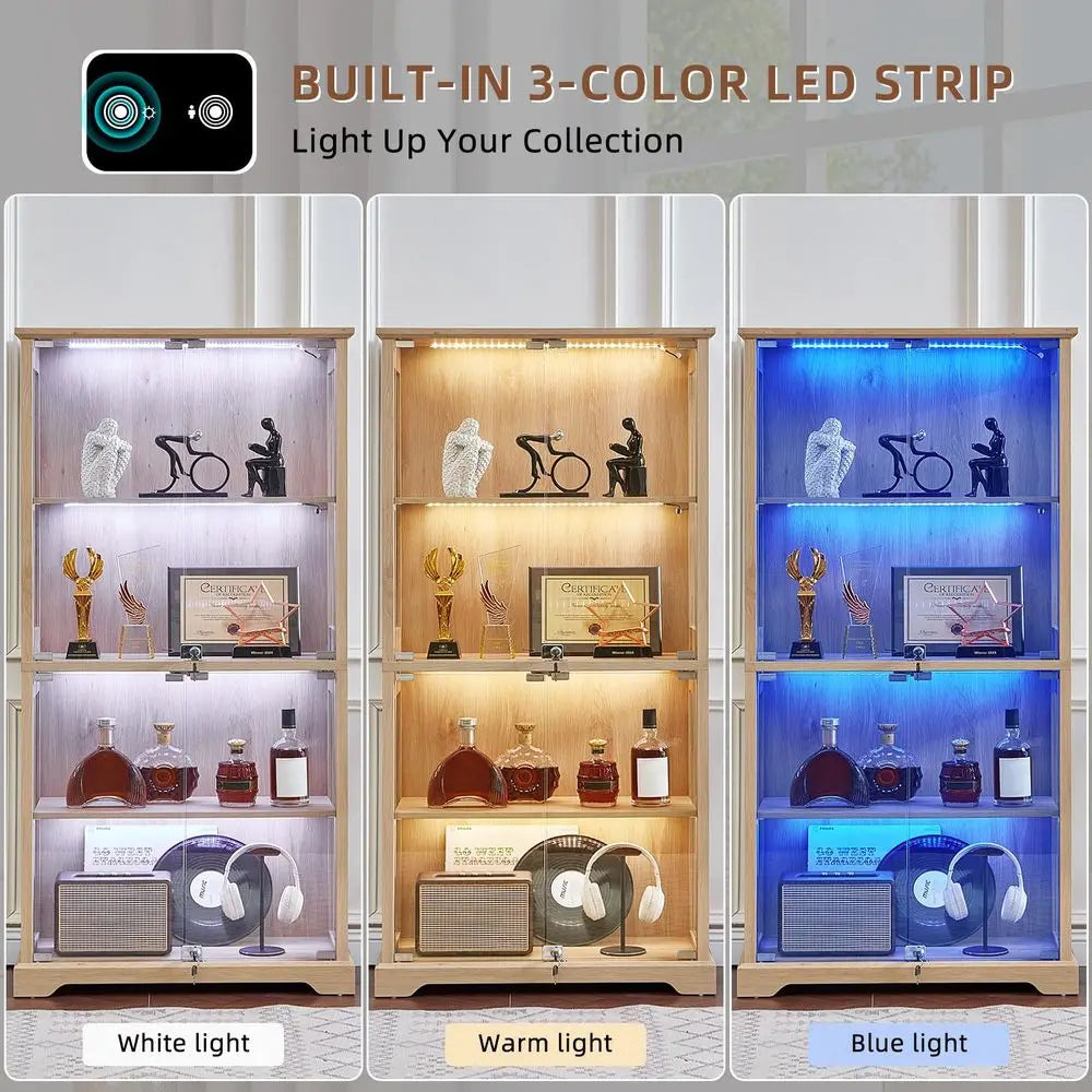 Farmhouse Glass Display Cabinet with Doors, Wooden Curio Cabinet for Collectibles with 3Color LED MotionSensor Light amp Reinfo