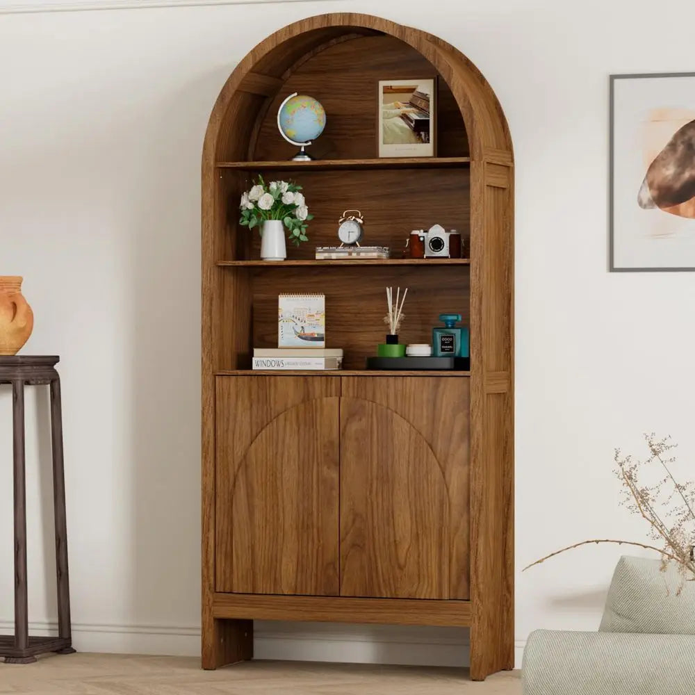 Century Arched Display Cabinet with Doors, 5 Tier Tall Display Case, 71 Inch Storage Cabinet, Large Arch Bookcase, Wooden 5 She