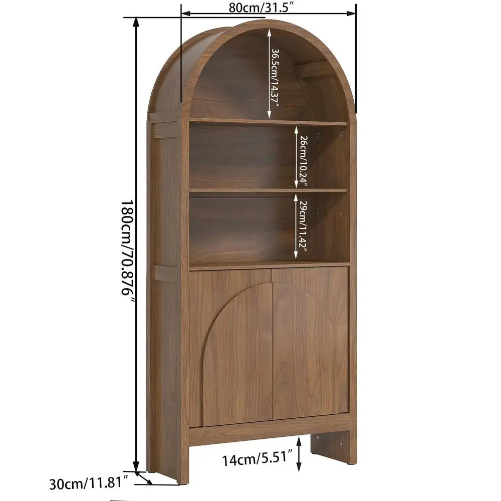 Century Arched Display Cabinet with Doors, 5 Tier Tall Display Case, 71 Inch Storage Cabinet, Large Arch Bookcase, Wooden 5 She