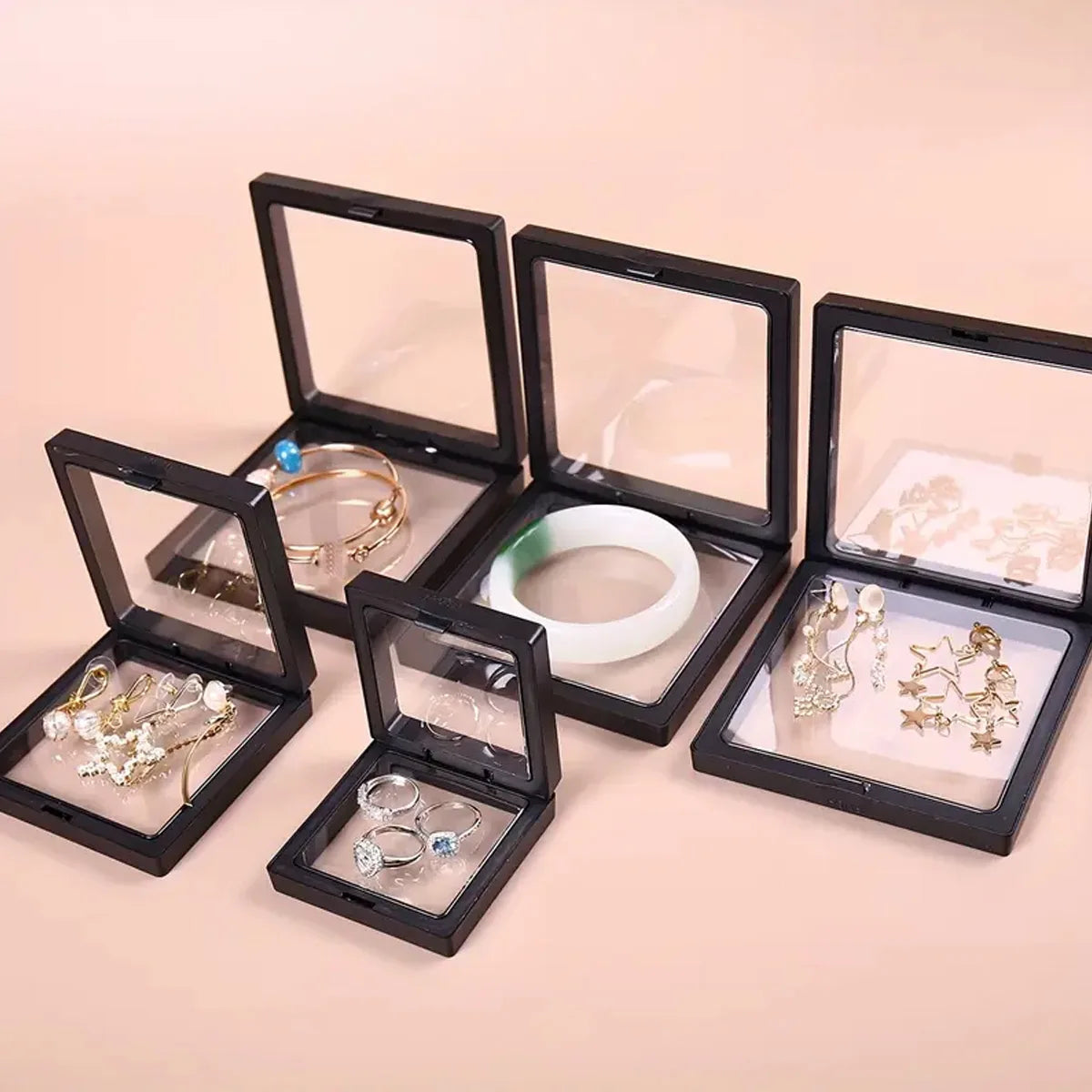Transparent floating display box, plastic film jewelry packaging box, jewelry, necklace, ring, and collectible storage box
