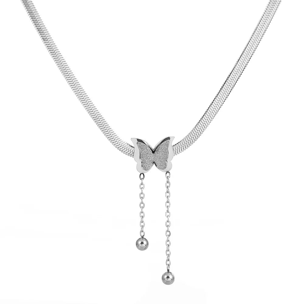 Stainless Steel Frosted Butterfly Necklace For Women Gold Silver Color Snake Chain Choker Necklace Female Fashion Party Jewelry