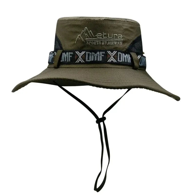 Summer Men's Wide Brim Bucket Hat UV Protection Panama Style Mesh Fisherman Beach Sun Hat for Outdoor Hunting Hiking