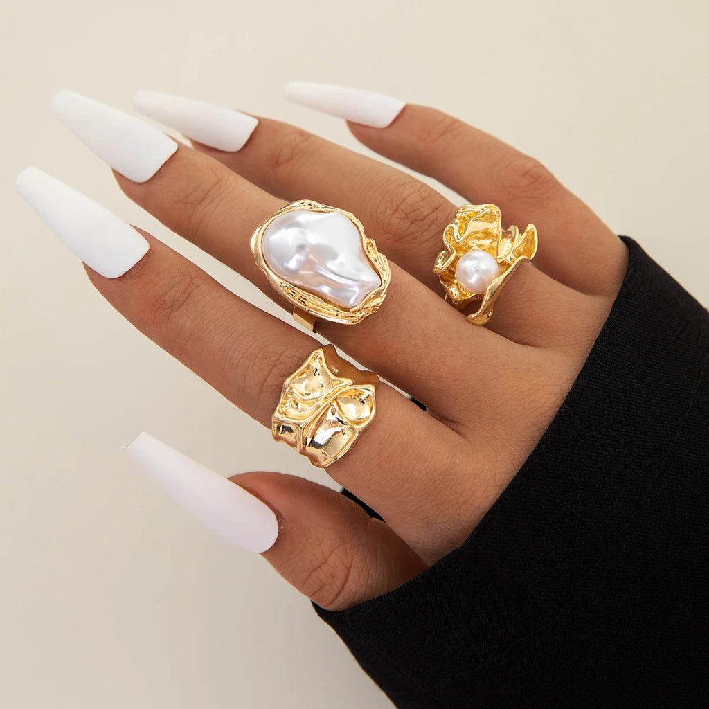 Tocona 2024 New Fashion Luxury Imitation Pearl Open Ring Sets for Women Elegant Gold Color Ring Party Jewelry Accessories