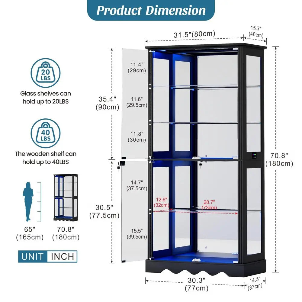 Display Cabinet with Glass Doors, 6Tier 71 Tall Curio Cabinet with RGB Lights for Collectibles, Display Case with Adjustable Gl