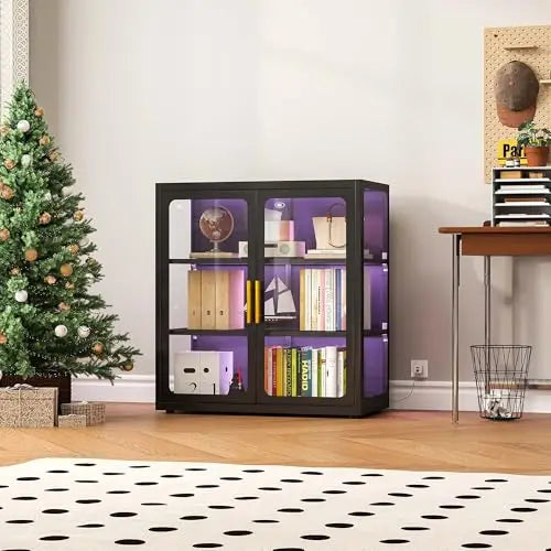 Display Cabinet with Glass Doors and RGB Lights for Collectibles | 34" Curio Cabinet with 2 Adjustable Shelves