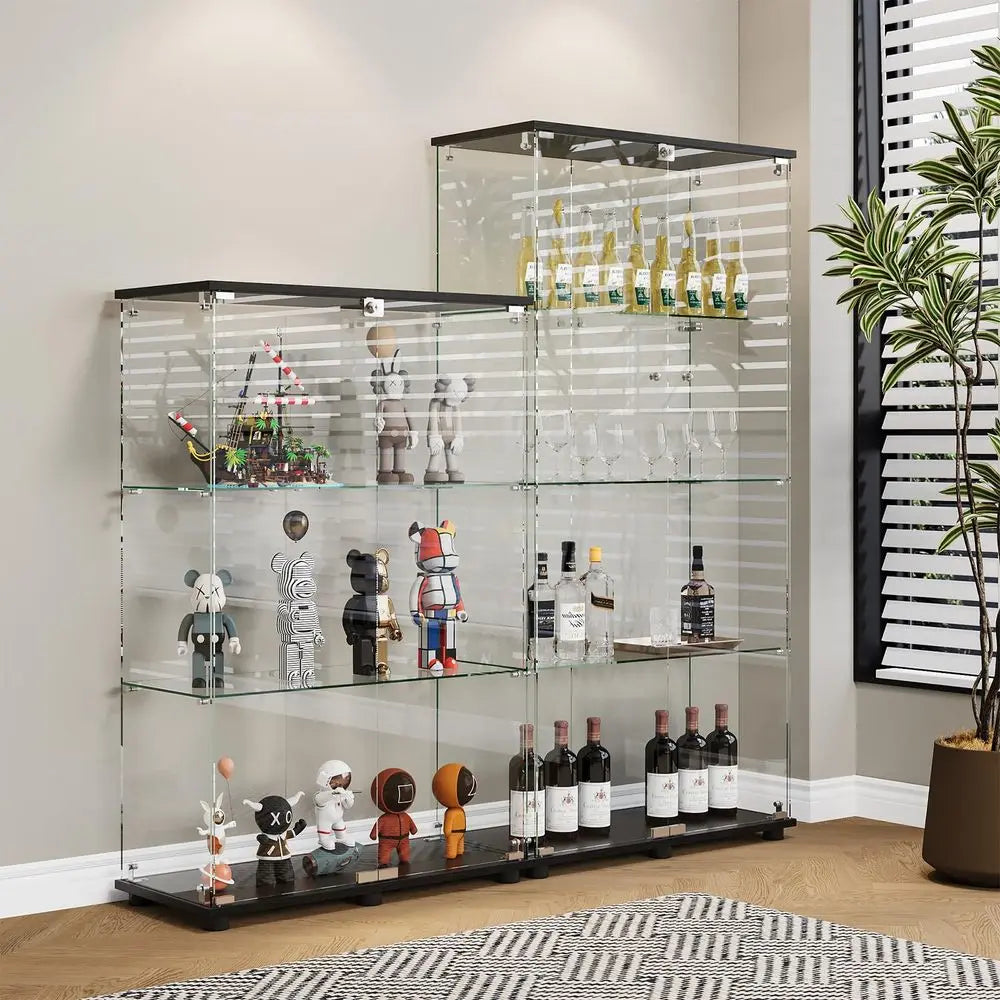 Display Cabinet with 4Shelf Double Doors and Lock, Curio Cabinet 5mm Tempered Glass Floor Standing Bookshelf for Living Room, B