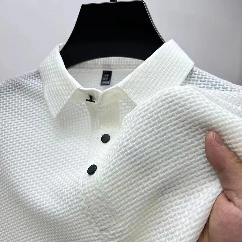 New Men's Business Casual Short Sleeved Bone Flower Solid Color POLO Shirt Fashion Breathable Comfortable Summer Versatile Top