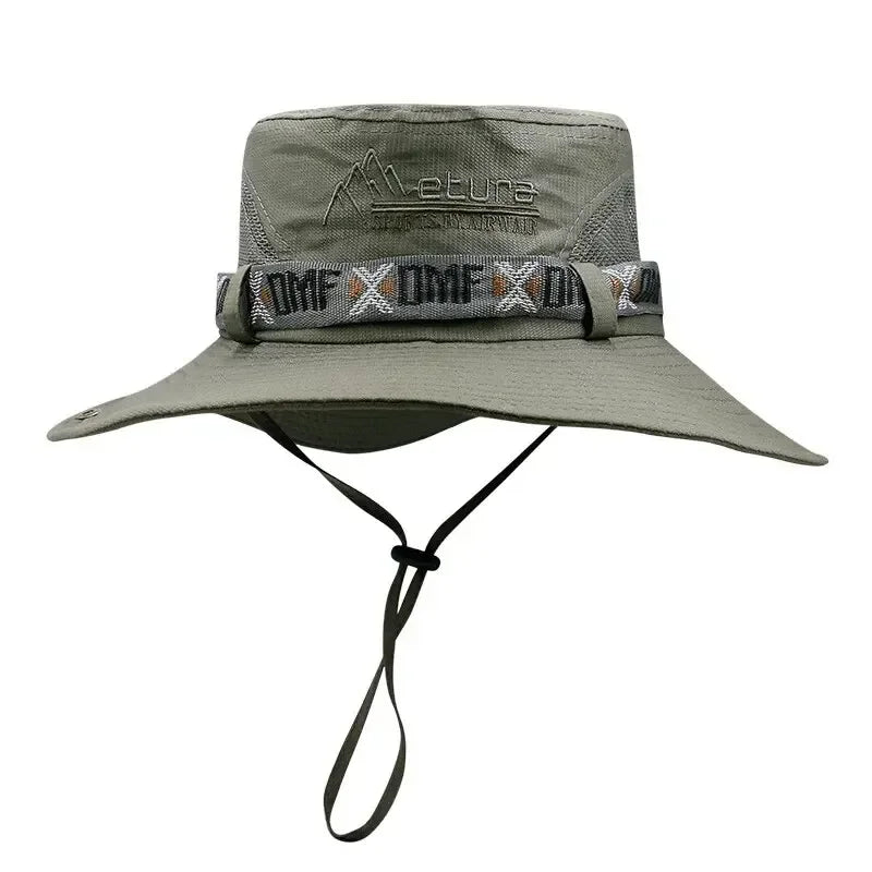 Summer Men's Wide Brim Bucket Hat UV Protection Panama Style Mesh Fisherman Beach Sun Hat for Outdoor Hunting Hiking