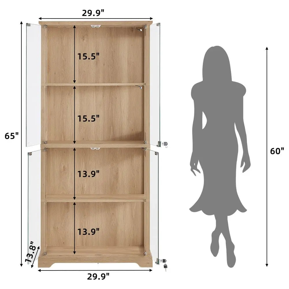 Farmhouse Glass Display Cabinet with Doors, Wooden Curio Cabinet for Collectibles with 3Color LED MotionSensor Light amp Reinfo