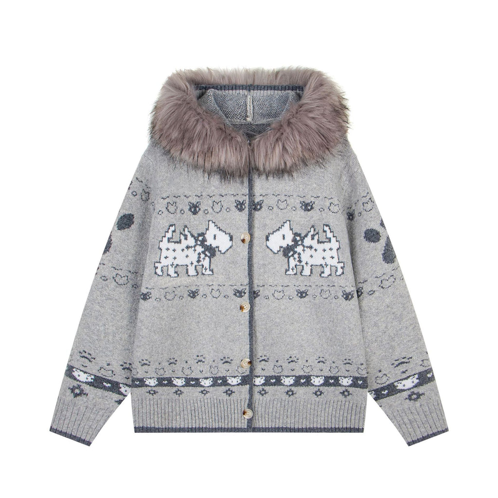 Wool collar jacquard hooded knitted sweater