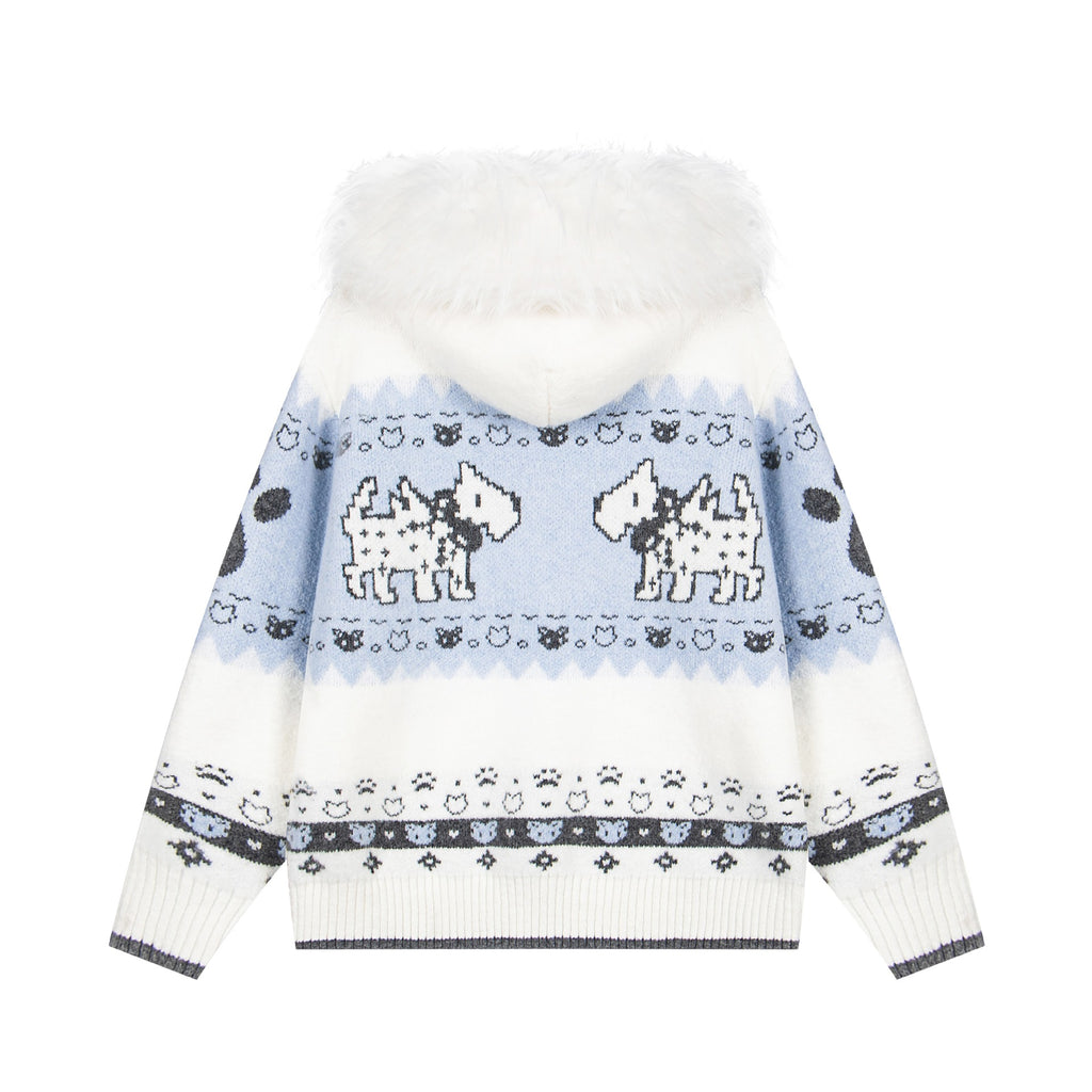 Wool collar jacquard hooded knitted sweater