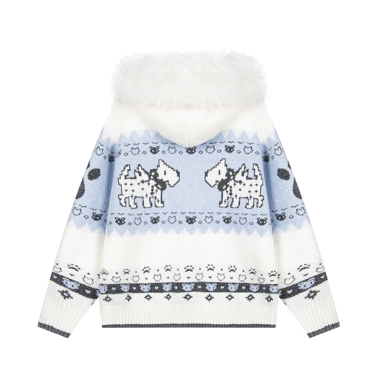 Wool collar jacquard hooded knitted sweater
