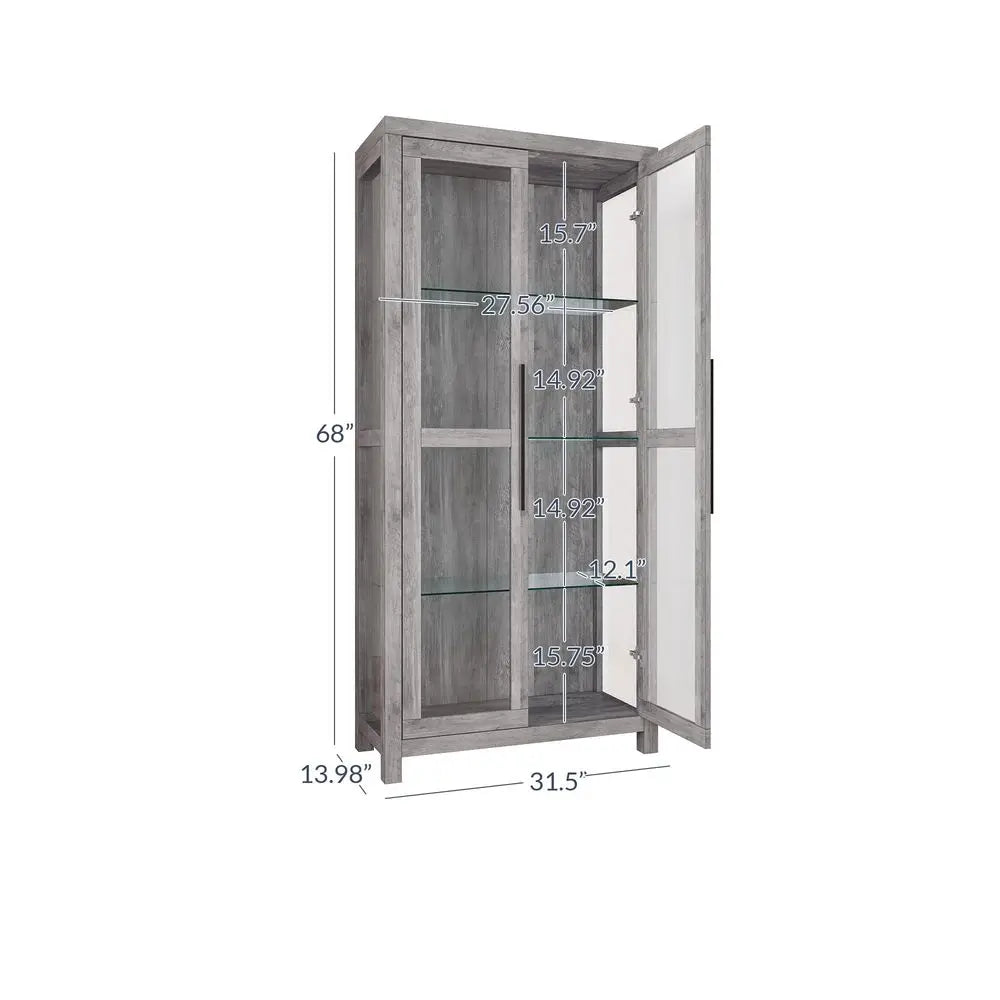 Glass Display Cabinet, Tall Curio Cabinet with Tempered Glass Doors for Living Room, Trophy Display Case Avalon Gray Wash