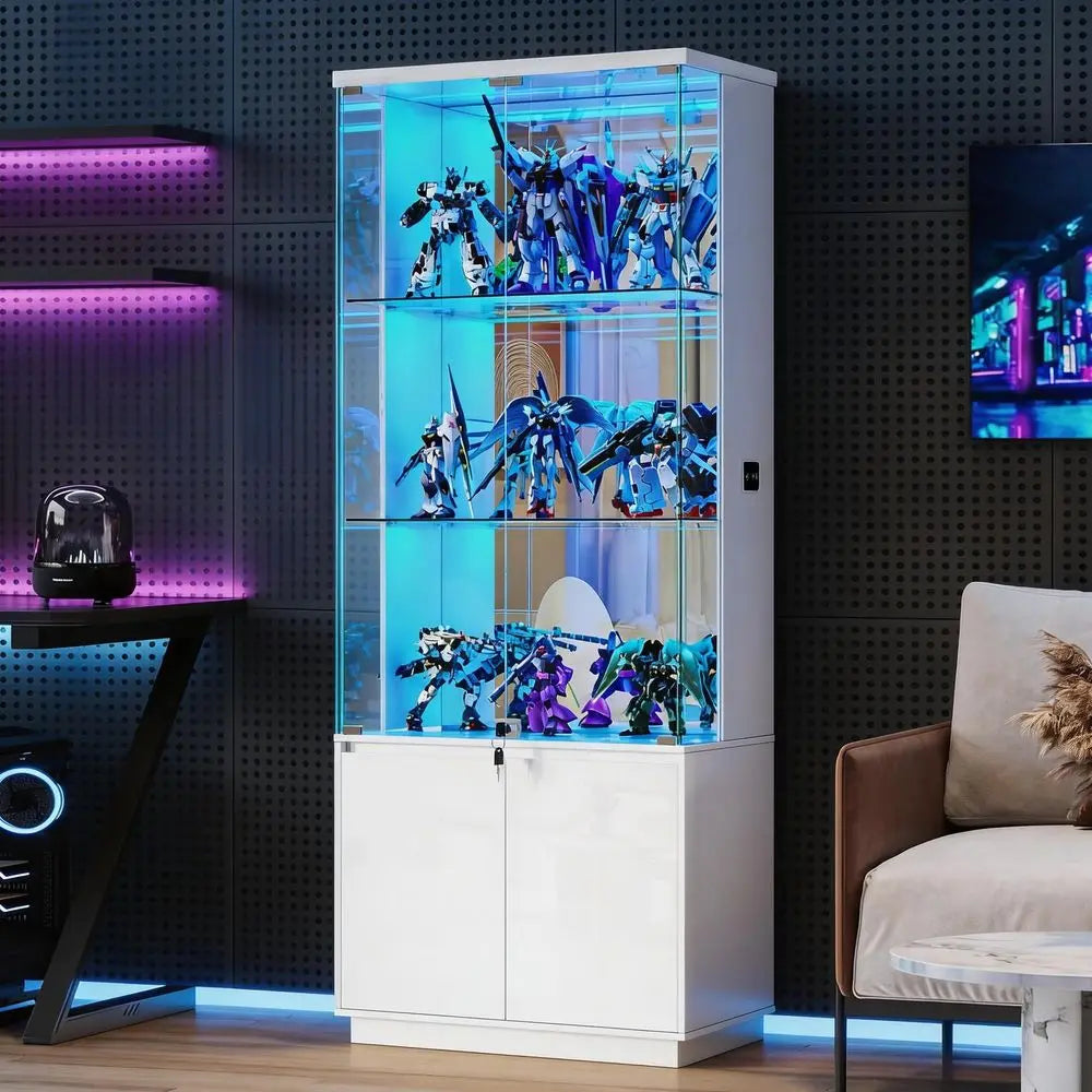 71 Display Cabinet with Glass Doorsamp3 Color LightsampLockable for Bedroom White,High Gloss Curio Cabinet with Adjustable Glas