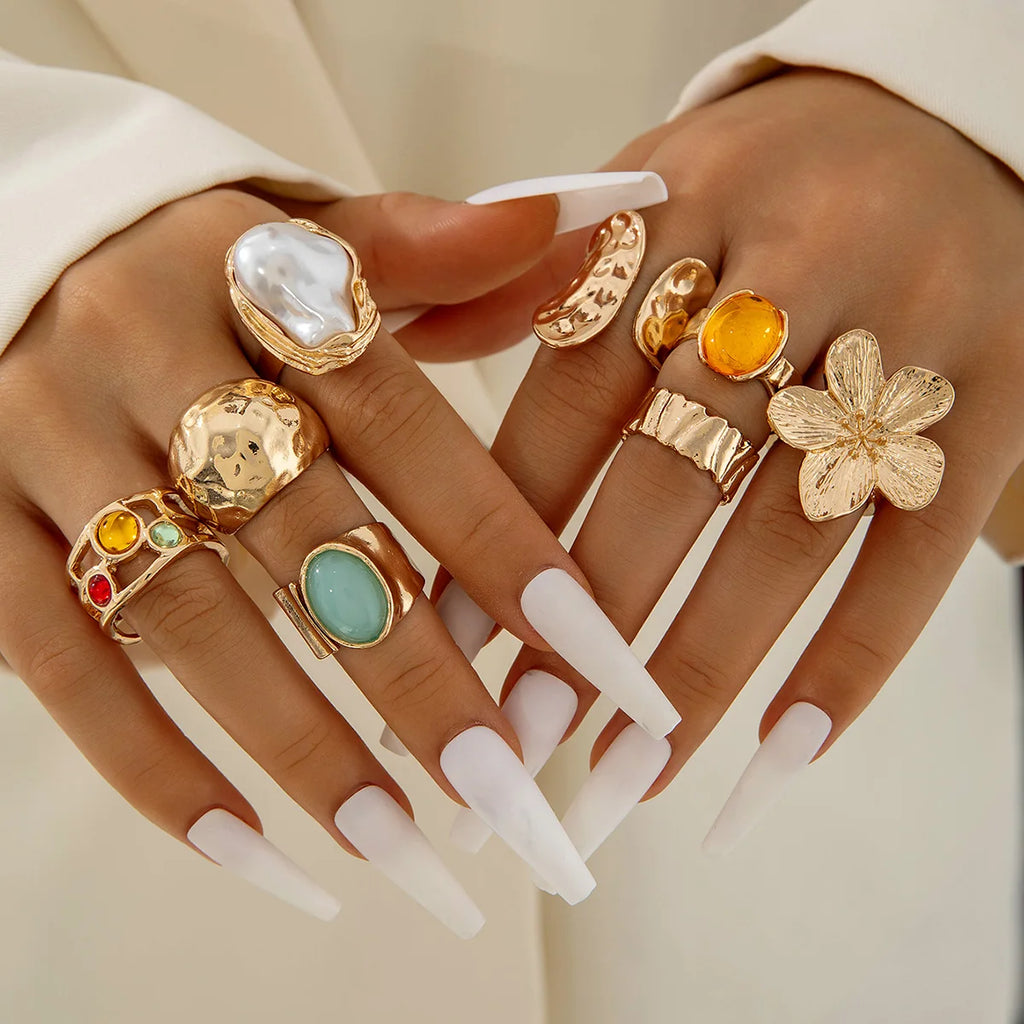 Tocona 2024 New Fashion Luxury Imitation Pearl Open Ring Sets for Women Elegant Gold Color Ring Party Jewelry Accessories