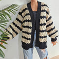 Ladies' Knit Cardigan Coat,Color-blocked Pineapple 3D Pattern Striped Knit Open Front Sweater