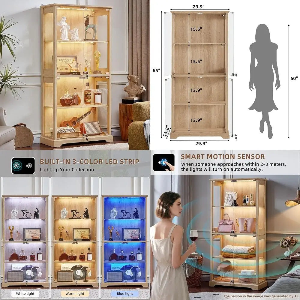 Farmhouse Glass Display Cabinet with Doors, Wooden Curio Cabinet for Collectibles with 3Color LED MotionSensor Light amp Reinfo