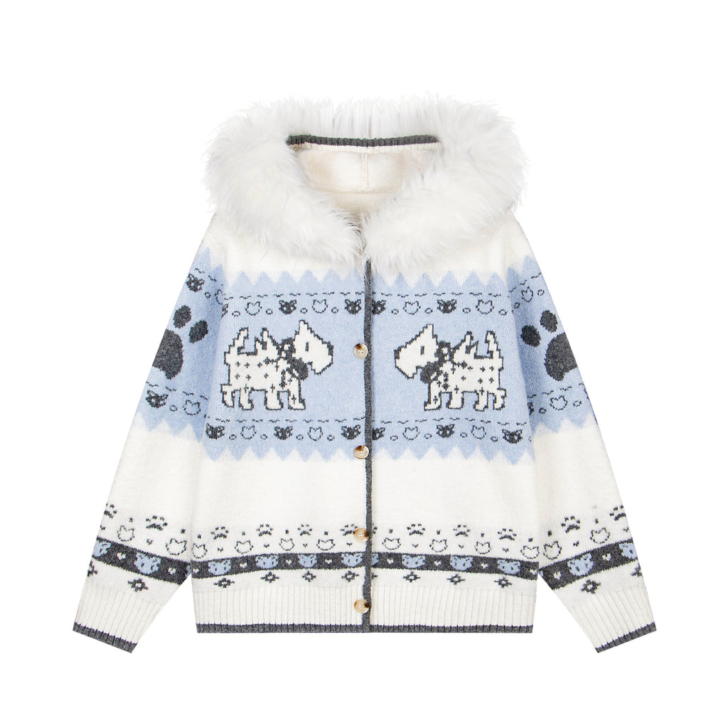 Wool collar jacquard hooded knitted sweater
