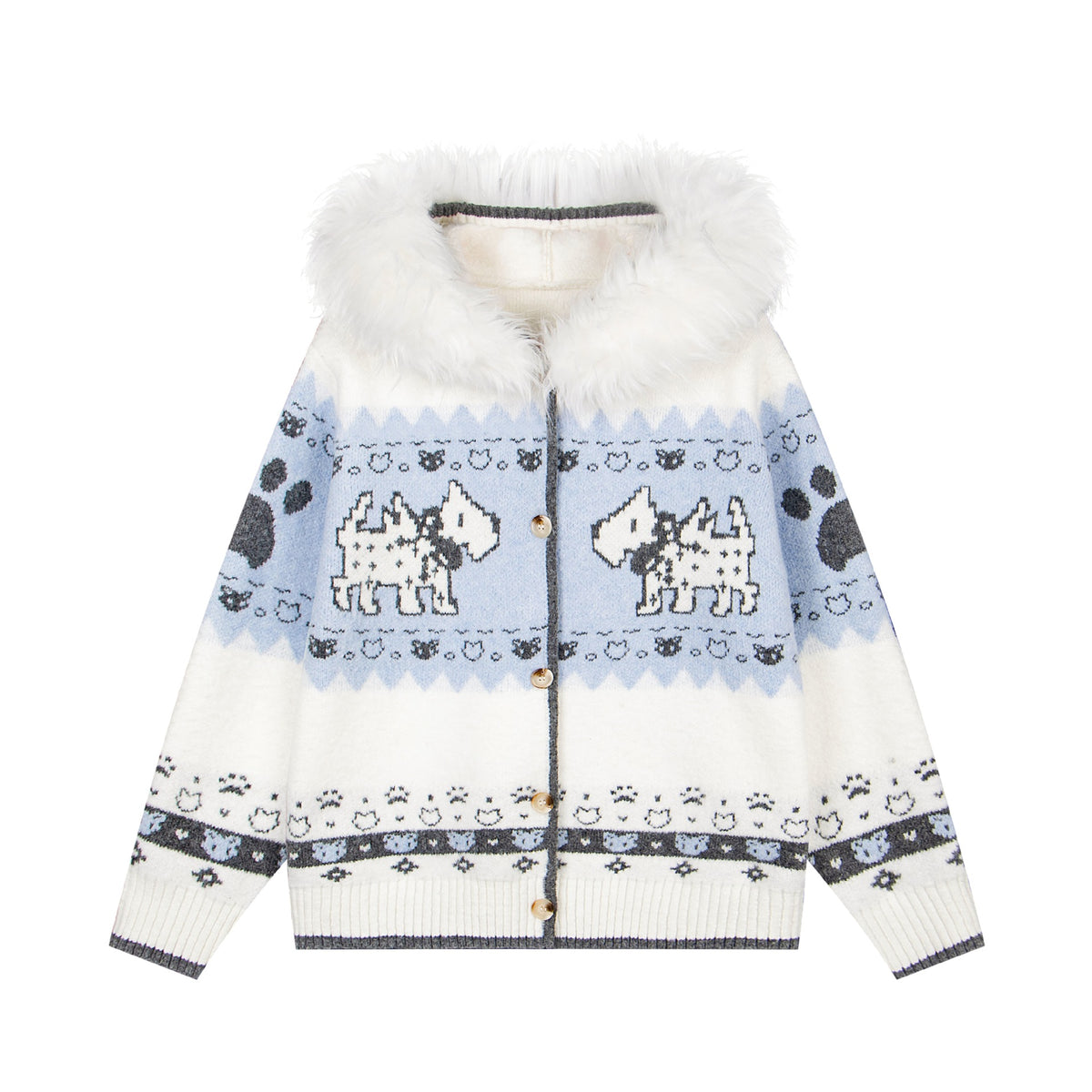 Wool collar jacquard hooded knitted sweater