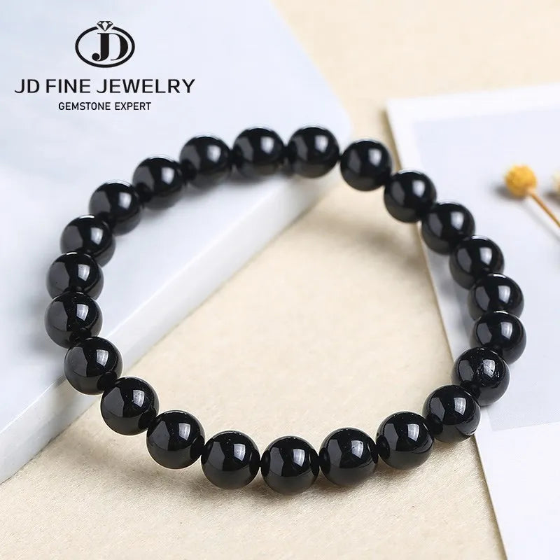 JD Natural Stone 7A Black Tourmaline Bead Bracelets Women Healing Crystals Chakra Yoga Meditation Jewelry Schorl Strand Bangles