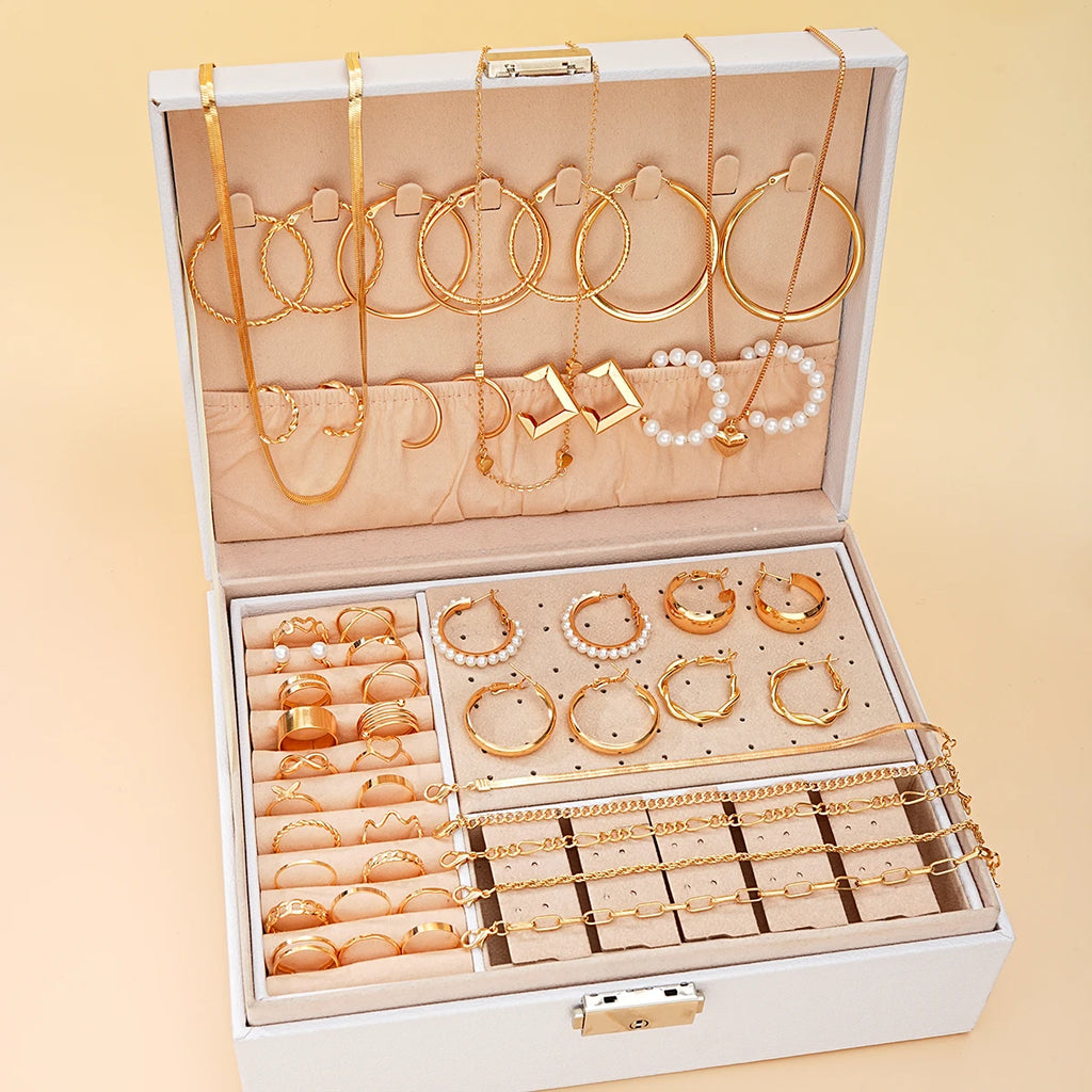 54 Pcs/Set Vintage Elegant Pearl Earrings Ring Heart Pendant Necklace Bracelet For Women Boho Daily Wear Jewelry Set Gifts 2024