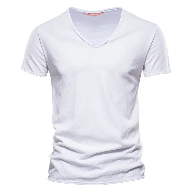 AIOPESON100% Cotton Men T-shirt V-neck Fashion Design Slim Fit Soild T-shirts Male Tops Tees Short Sleeve T Shirt O-neck For Men